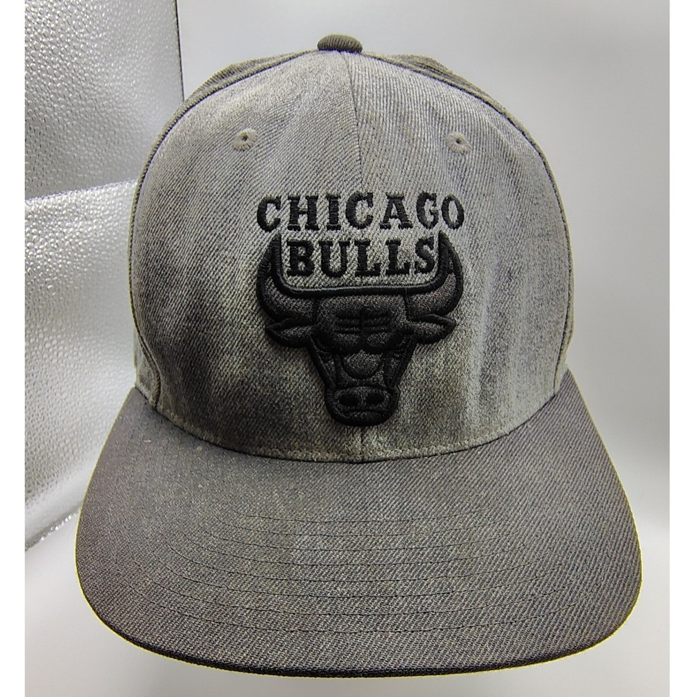 Mitchell & Ness Chicago Bulls Snapback Hat Grey Denim Black Logo NBA Flat Brim